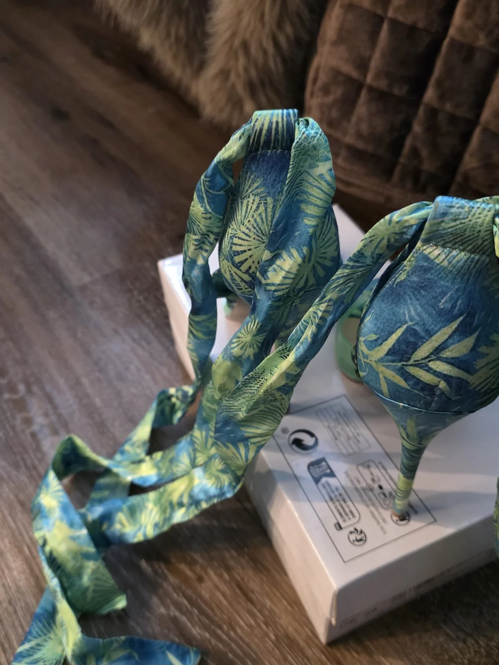 Tropical Leaf Green Lace-Up High Heel Sandals
